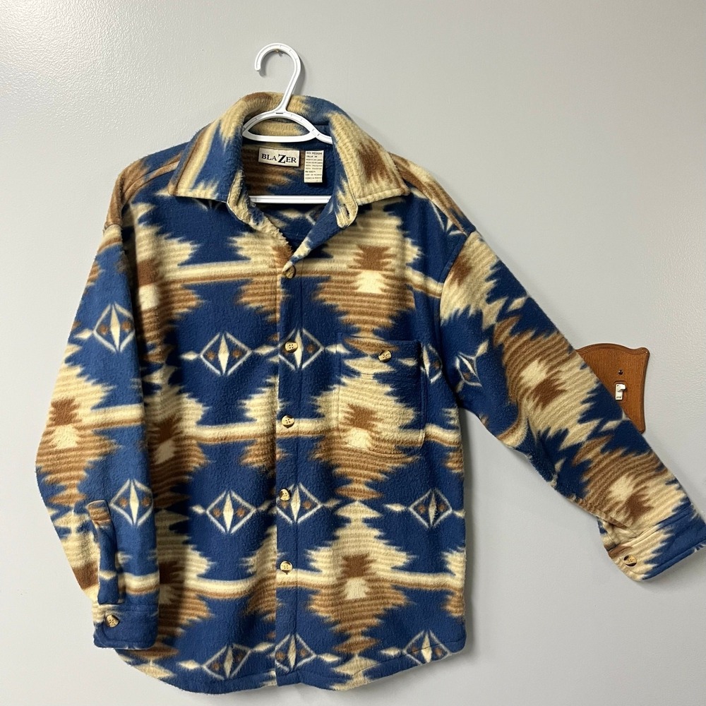 Vtg‎ blazer southwestern print jacket sz medium blue tan mountain fleece button